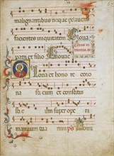 Manuscript Leaf with a female saint (possibly Dorothy) in an Initial G..., ca. 1330-40. Creator: Illustratore.