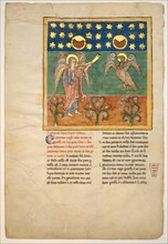 Leaf from a Beatus Manuscript: the Fourth Angel Sounds the Trumpet and an Eagle..., ca. 1180. Creator: Unknown.