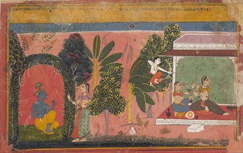 Kama Aims His Bow at Radha: Page From a Dispersed Gita Govinda (Loves of Krishna), ca. 1695. Creator: Unknown.