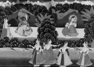 Krishna and Radha Seated on a Platform in Landscape with Dancers...late 19th-early 20th century. Creator: Unknown.