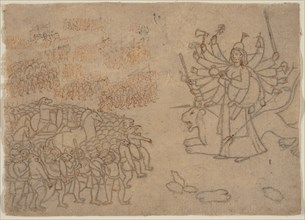 Durga Confronts the Army of the Demon Chikshura: Scene from the Devi Mahatmya , ca. 1780. Creator: Unknown.