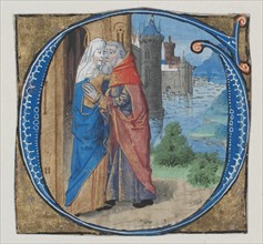 Manuscript Illumination with Joachim and Anna in an Initial G with Joachim and Anna..., 15th century Creator: Unknown.