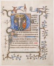 Manuscript Leaf with the Crucifixion in an Initial D, from a Book of Hours, ca. 1350. Creator: Unknown.