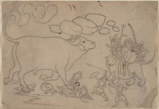 Durga Confronts the Buffalo Demon Mahisha: Scene from the Devi Mahatmya, ca. 1780. Creator: Attributed to a first-generation master after Nainsukh (active ca. 1735-78).