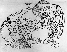 Two Wrestlers, 18th-19th century. Creator: Hokusai.