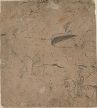 Page from a Sketchbook Showing Rulers on Horseback, Boars, and a Palace Scene, late 18th century. Creators: Pandit Seu, Manaku.