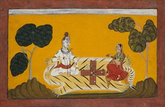 Shiva and Parvati Playing Chaupar: Folio from a Rasamanjari Series, dated 1694-95. Creator: Devidasa of Nurpur.