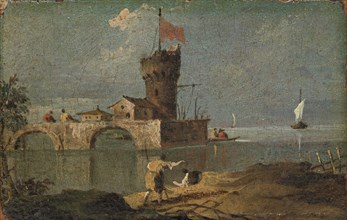 Capriccio with a Circular Tower, Two Houses, and a Bridge, 18th century. Creator: Unknown.