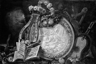 Putti Musicians in a Medallion, Surrounded by Musical Attributes, Flowers, and Fruit, 18th century. Creator: Unknown.