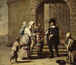 Beggars at a Doorway. Creators: Master of the Beguins, Abraham Willemsens.