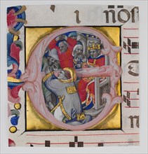 Manuscript Illumination with the Martyrdom of Saint Stephen in an Initial E..., ca. 1394-1402. Creator: Niccolo di Giacomo da Bologna.