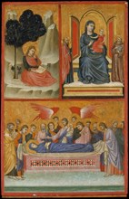 Saint John on Patmos, Madonna and Child Enthroned, and Death of the Virgin; The Crucifixion. Creator: Pacino di Bonaguida.