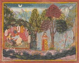 Krishna and Radha in a Bower: Page From a Dispersed Gita Govinda, ca. 1665. Creator: Sahibdin.
