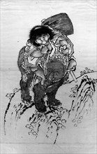 Sakata Kintoki Riding on Bear's Back, 18th-19th century. Creator: School of Katsushika Hokusai.