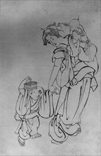 Mother and Children in Summer Night, 18th-19th century. Creator: School of Katsushika Hokusai.