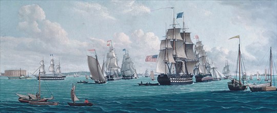 The U. S. Ship Franklin, with a View of the Bay of New York, 1820s or 1830s. Creator: Thomas Thompson.