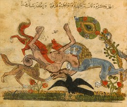 Lion beats a camel, Kalila Wo-Dimna, Arabic-Spanish fairy tale book, 13th century. Creator: Unknown.