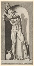 Plate 19: Vulcan standing in a niche swinging a hammer, with an anvil, hammer, and tongs a..., 1526. Creator: Giovanni Jacopo Caraglio.