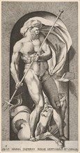 Plate 5: Neptune standing in a niche holding a trident, with a hippocampus (sea-horse) beh..., 1526. Creator: Giovanni Jacopo Caraglio.