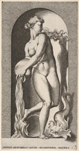 Plate 6: Thetis standing in a niche with a shell and sea creature, pouring water out of a ..., 1526. Creator: Giovanni Jacopo Caraglio.