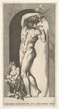 Plate 17: Bacchus standing in a niche, holding grapes over a plate, accompanied by an infa..., 1526. Creator: Giovanni Jacopo Caraglio.