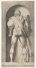 Plate 15: Hercules standing in a niche, wearing a lion skin and holding a club, viewed fro..., 1526. Creator: Giovanni Jacopo Caraglio.