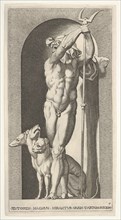 Plate 7: Pluto in a niche, holding a bident, with Cerberus next to him, from a series of m..., 1526. Creator: Giovanni Jacopo Caraglio.