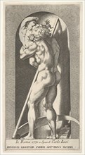 Plate 1: Saturn in a niche devouring his son, standing before a scythe, from a series of m..., 1526. Creator: Giovanni Jacopo Caraglio.