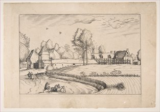 Country Houses, couple and cornfield in the foreground, from the series The Small Lands..., 1559-61. Creator: After The Master of the Small Landscapes (Netherlandish, 16th century).