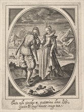 A man steps toward a woman who holds a goblet to her mouth, a watermill and mount..., ca. 1585-1621. Creator: Heinrich Ulrich.