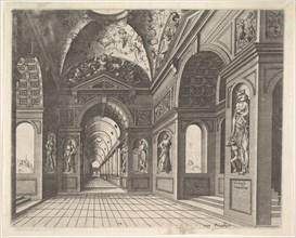 Perspective view of the interior of a hall, with cross-vault decorated with grot..., Published 1601. Creators: Johannes van Doetecum I, Lucas van Doetecum.