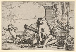 Fire, represented by Venus seated before Vulcan's forge, with armor, a cannon, and cann..., 1640-60. Creator: Giulio Carpioni.