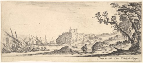 Plate 7: various boats on shore to left, a man carrying a bag, seen from behind and wa..., ca. 1641. Creator: Stefano della Bella.