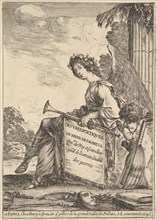 Frontispiece for 'Poems by Desmarets' (Oeuvres poétiques de Desmarets): a winged woman rep..., 1641. Creator: Stefano della Bella.