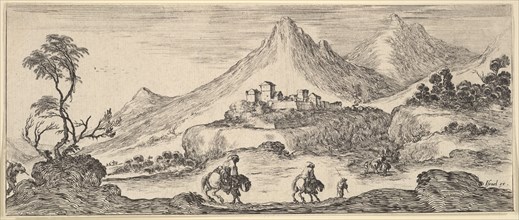Two horseman descend a hill in center, following another man on foot, a castle in the ..., ca. 1641. Creator: Stefano della Bella.
