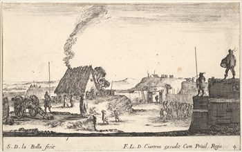 Plate 4: A military encampment with a soldier standing on a parapet to the right beati..., ca. 1641. Creator: Stefano della Bella.