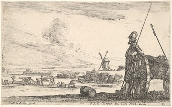 Plate 5: A Pikeman standing at right next to a canon, other military figures in the ba..., ca. 1641. Creator: Stefano della Bella.