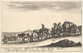 Plate 1: A horse drawn cart carrying people and goods, dead horse in the foreground, f..., ca. 1641. Creator: Stefano della Bella.