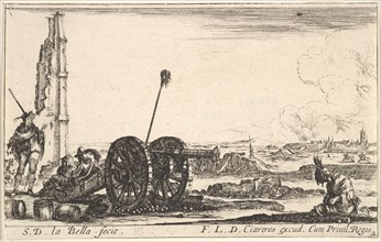 Plate 2: A cannon to the left, a town in the background, from 'Various Military Capric..., ca. 1641. Creator: Stefano della Bella.