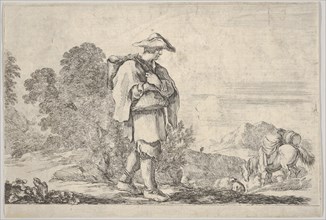 Plate 11: a peasant wearing a hat at center, walking towards the right, a horse descen..., ca. 1641. Creator: Stefano della Bella.