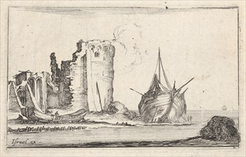 Plate 2: a ship at right and a rowboat at left, washed up on shore, a tower in ruins b..., ca. 1642. Creator: Stefano della Bella.