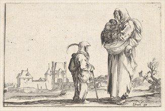 Plate 7: a peasant woman carrying a child to right, speaking to another child standing..., ca. 1642. Creator: Stefano della Bella.