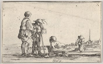 Plate 13: two peasants standing to left, a cripple kneeling on the ground in center, a..., ca. 1642. Creator: Stefano della Bella.