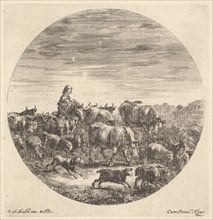 A peasant woman seated on a horse to left, facing right, surrounded by a herd of fc..., ca. 1643-48. Creator: Stefano della Bella.