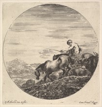 A shepherd at right, facing left, driving a group of animals downhill, a round comp..., ca. 1643-48. Creator: Stefano della Bella.