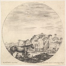 Plate 12: a shepherd sleeping on the ground to right, three horses to left, other h..., ca. 1643-48. Creator: Stefano della Bella.