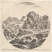 Plate 10: a horse lying down in center, a cow and two goats to right, two seated sh..., ca. 1643-48. Creator: Stefano della Bella.