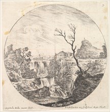 Plate 7: a triple waterfall, a dead tree to right, a mountain and a herd of cows to..., ca. 1643-48. Creator: Stefano della Bella.