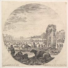 Plate 2: Campo Vaccino, a buffalo and two shepherds in center, the Fontanone to rig..., ca. 1643-48. Creator: Stefano della Bella.