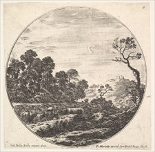 Plate 6: cows crossing a valley to left, a group of trees to left, a horseman and o..., ca. 1643-48. Creator: Stefano della Bella.